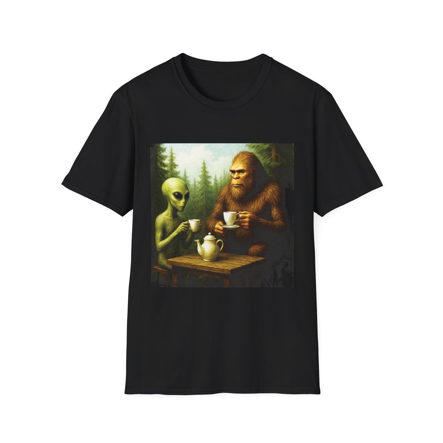 Alien & Bigfoot Coffee Break T-Shirt, Funny Graphic Tee for Home, Casual Wear, Unique Gift for Friends, Extraterrestrial Humor, Men & Women