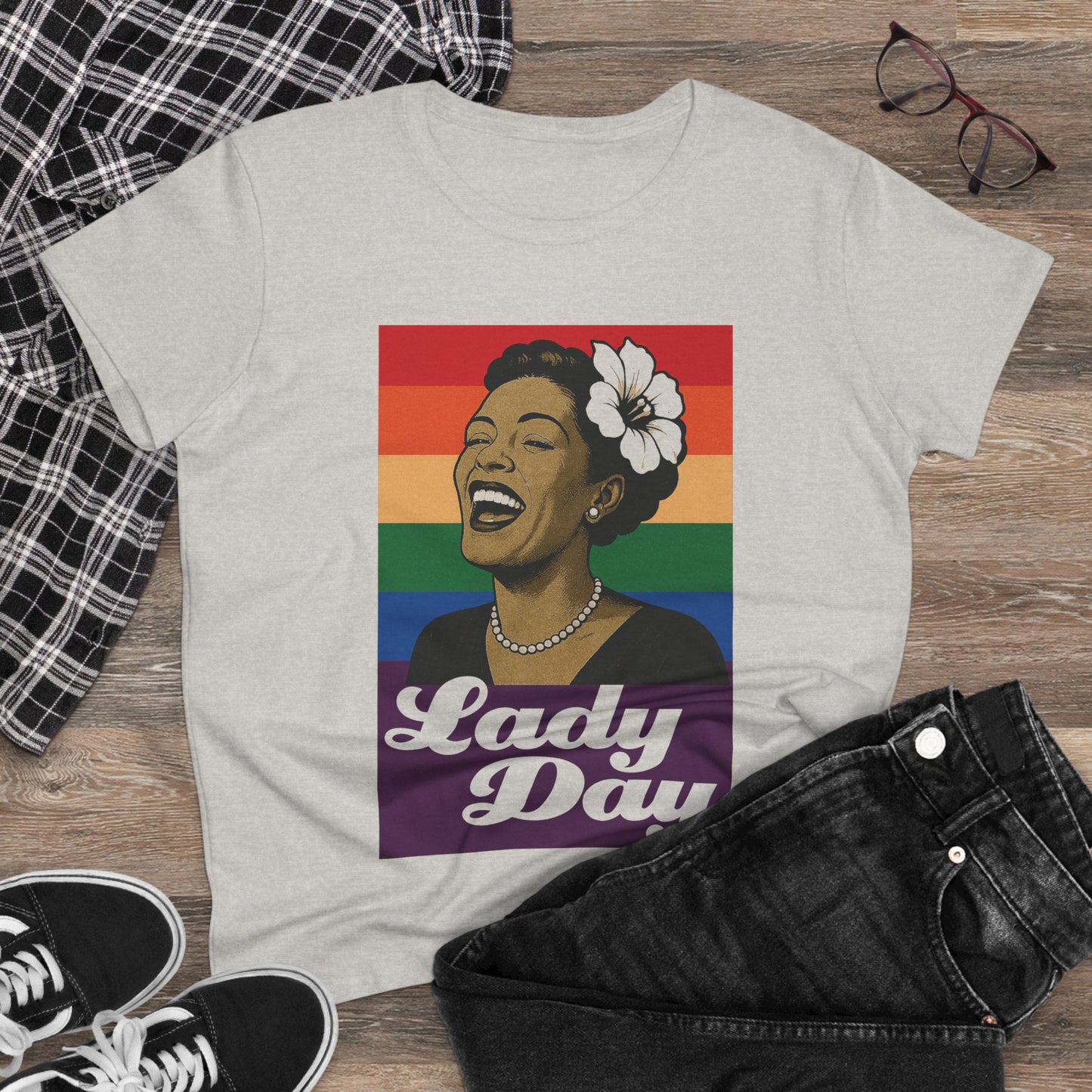 Women's Billie Holiday Tribute Tee - Lady Day Rainbow Design