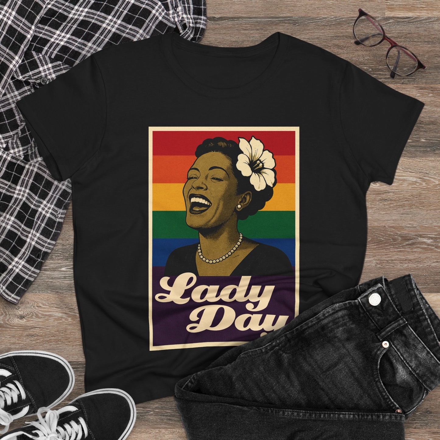 Women's Billie Holiday Tribute Tee - Lady Day Rainbow Design