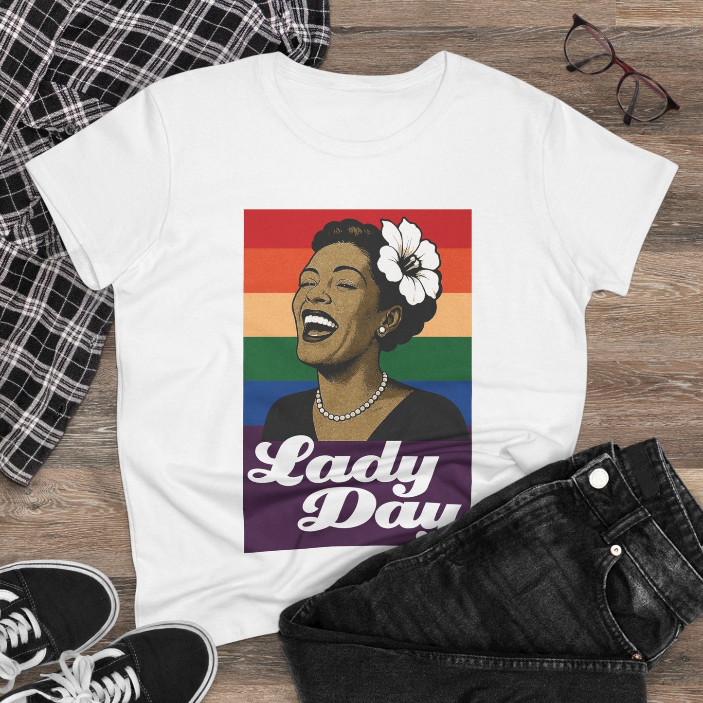 Women's Billie Holiday Tribute Tee - Lady Day Rainbow Design
